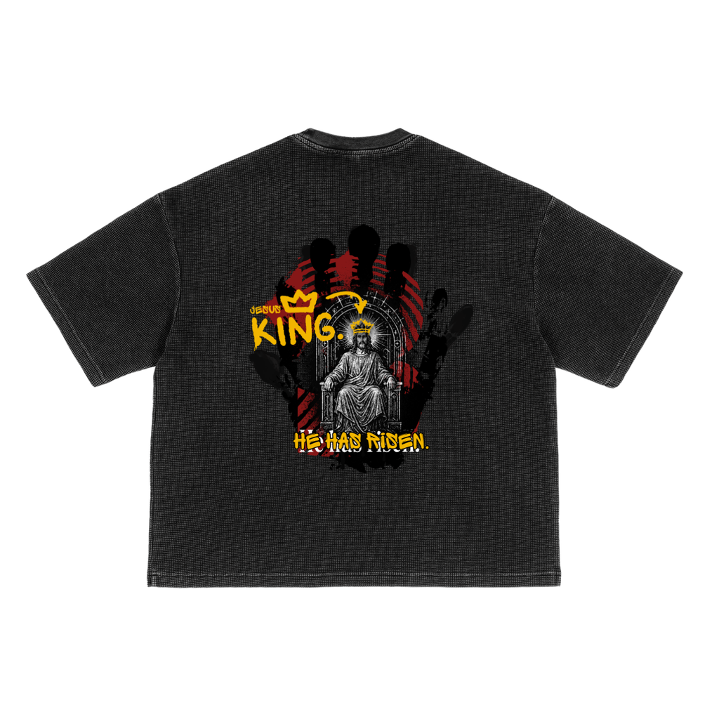 Camiseta cuadrada lavada con textura de gofre "Él ha resucitado"